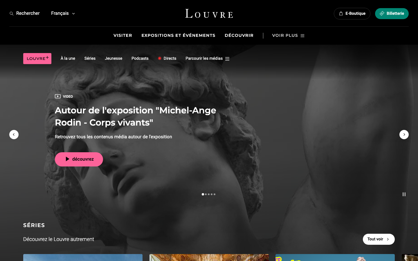 The page uses a full-bleed image to establish a sense of grandeur and history. Clean typography and ample white space create a refined, uncluttered feel, prioritizing the visual experience of the architecture itself.  ·  museum website, art institution, cultural heritage, historical architecture, minimalist design, editorial website, france tourism, louvre visit, art gallery, cultural site