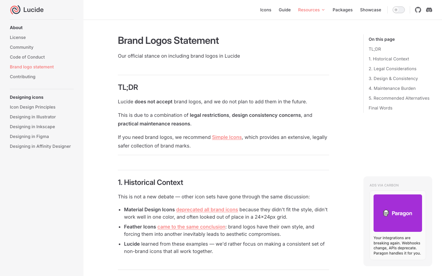The page uses a clean, grid-based layout with a focus on showcasing the product's features. Typography is clean and geometric, with a limited color palette emphasizing shades of gray and a touch of pink. The overall mood is efficient and straightforward. · icon library, design system, vector icons, ui icons, lucide, developer tools, icon set, scalable icons, modern icons, icon examples