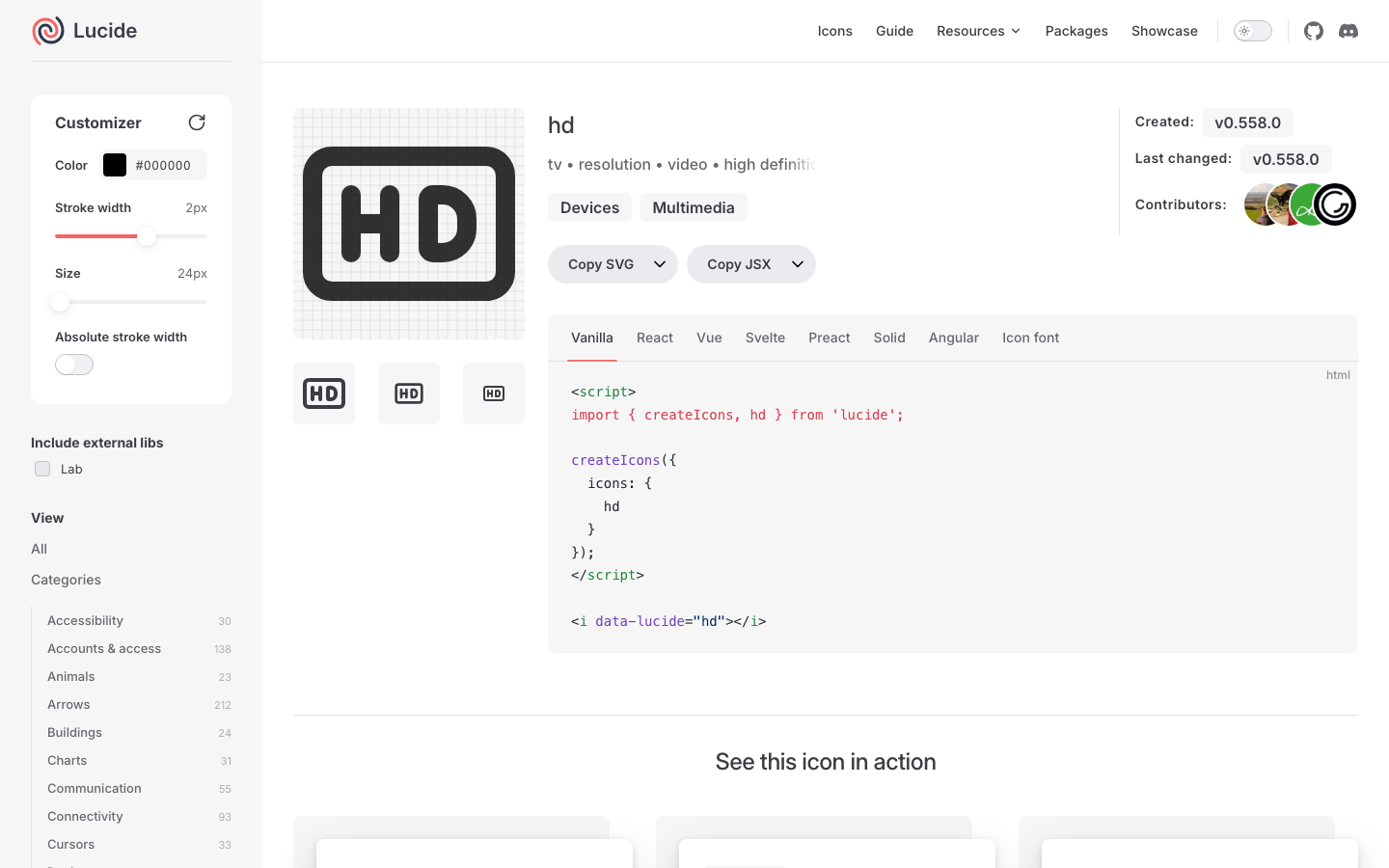 The page uses a clean, grid-based layout with a focus on showcasing the product's features. Typography is clean and geometric, with a limited color palette emphasizing shades of gray and a touch of pink. The overall mood is efficient and straightforward. · icon library, design system, vector icons, ui icons, lucide, developer tools, icon set, scalable icons, modern icons, icon examples