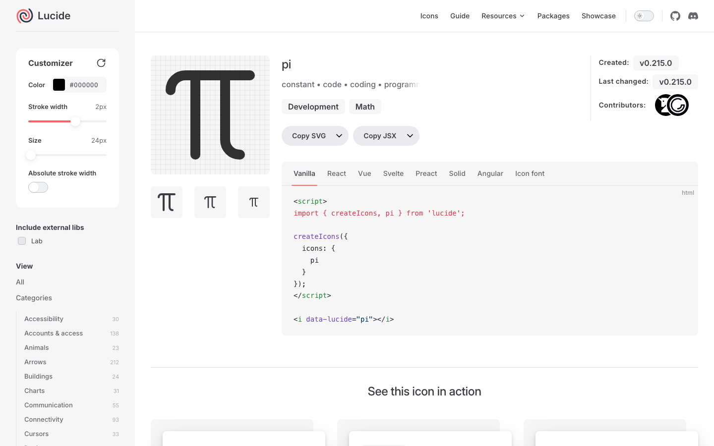 The page uses a clean, grid-based layout with a focus on showcasing the product's features. Typography is clean and geometric, with a limited color palette emphasizing shades of gray and a touch of pink. The overall mood is efficient and straightforward. · icon library, design system, vector icons, ui icons, lucide, developer tools, icon set, scalable icons, modern icons, icon examples
