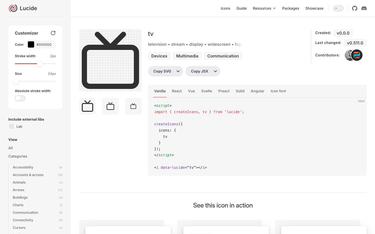 The page uses a clean, grid-based layout with a focus on showcasing the product's features. Typography is clean and geometric, with a limited color palette emphasizing shades of gray and a touch of pink. The overall mood is efficient and straightforward. · icon library, design system, vector icons, ui icons, lucide, developer tools, icon set, scalable icons, modern icons, icon examples