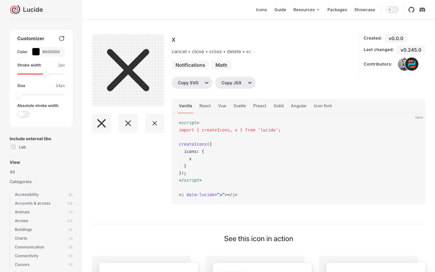 The page uses a clean, grid-based layout with a focus on showcasing the product's features. Typography is clean and geometric, with a limited color palette emphasizing shades of gray and a touch of pink. The overall mood is efficient and straightforward.  ·  icon library, design system, vector icons, ui icons, lucide, developer tools, icon set, scalable icons, modern icons, icon examples
