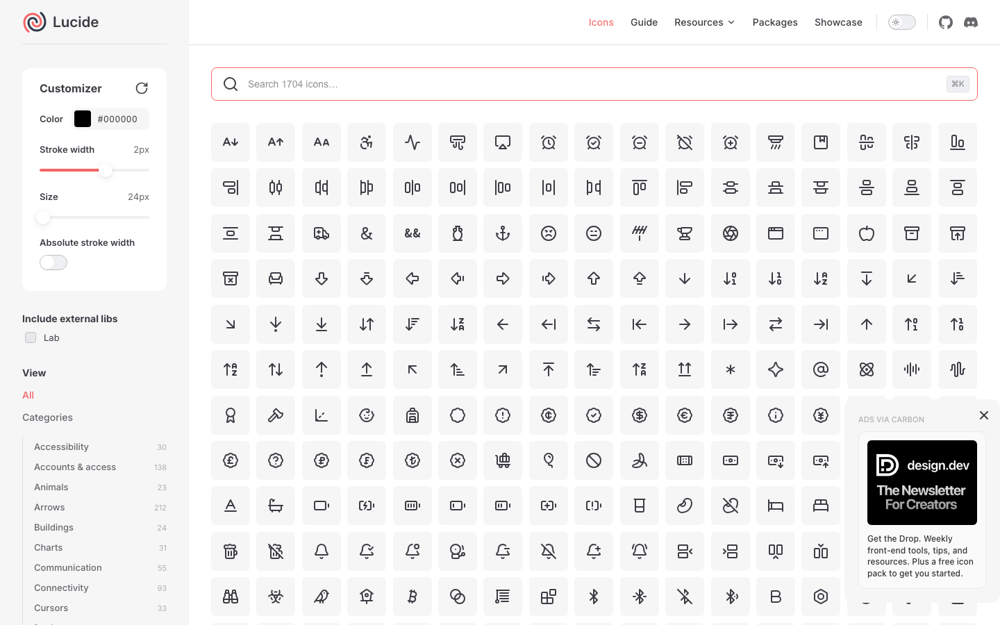 The page uses a clean, grid-based layout with a focus on showcasing the product's features. Typography is clean and geometric, with a limited color palette emphasizing shades of gray and a touch of pink. The overall mood is efficient and straightforward. · icon library, design system, vector icons, ui icons, lucide, developer tools, icon set, scalable icons, modern icons, icon examples