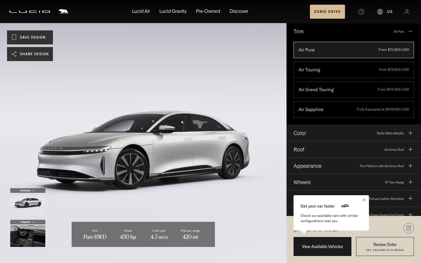 The hero image dominates, showcasing the vehicle in a vast landscape. Clean typography and ample negative space create a sense of premium simplicity. The overall feel is sophisticated and understated. · electric car, luxury vehicle, car design, automotive, futuristic car, lucid gravity, minimalist car, desert landscape