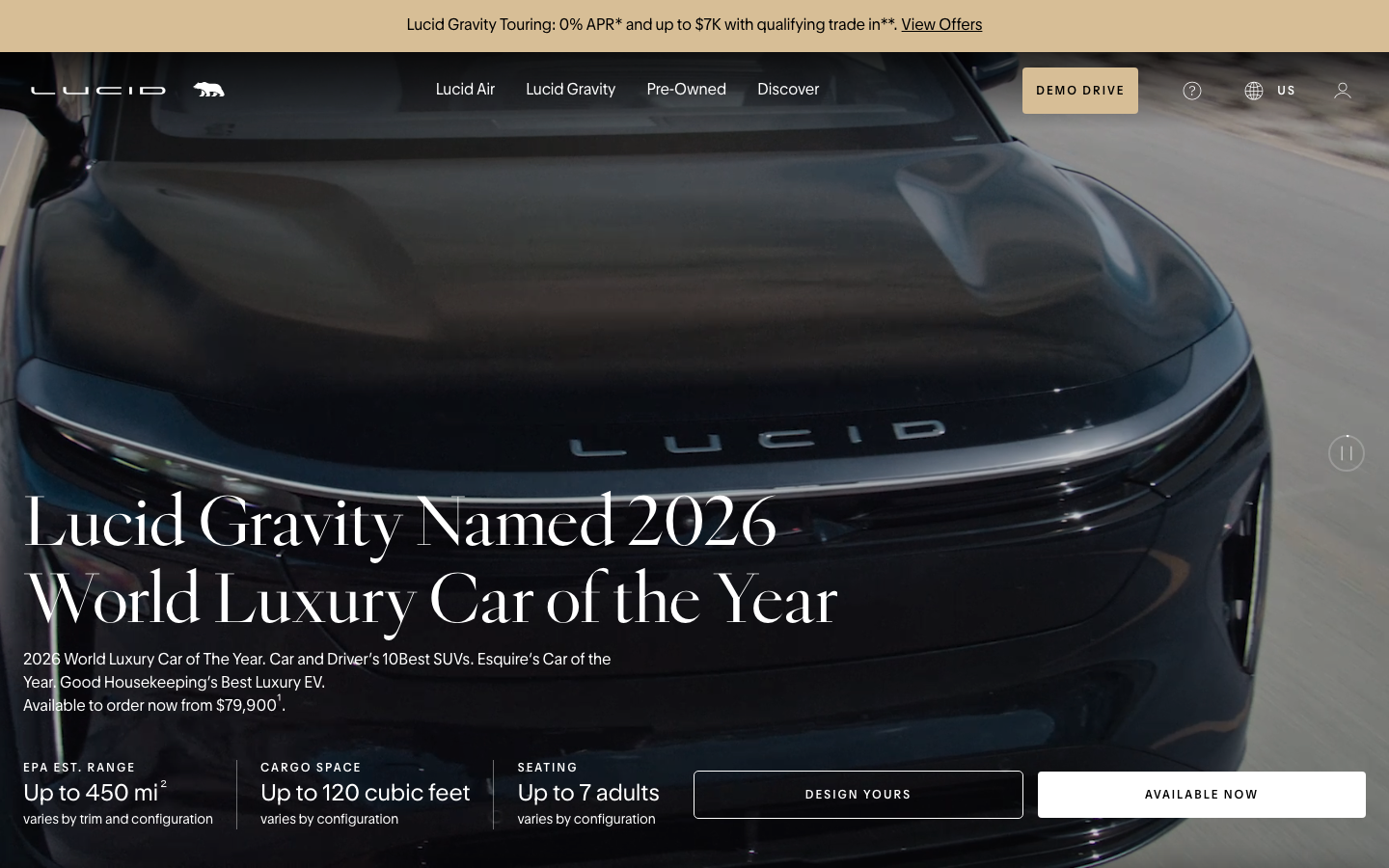 The hero image dominates, showcasing the vehicle in a vast landscape. Clean typography and ample negative space create a sense of premium simplicity. The overall feel is sophisticated and understated. · electric car, luxury vehicle, car design, automotive, futuristic car, lucid gravity, minimalist car, desert landscape