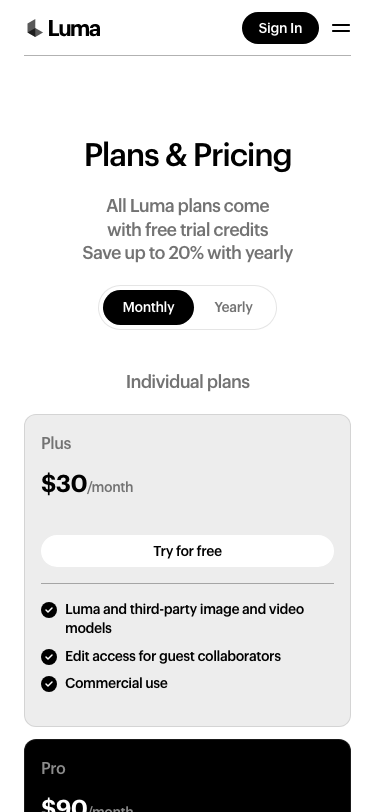 Lumalabs — Pricing - mobile