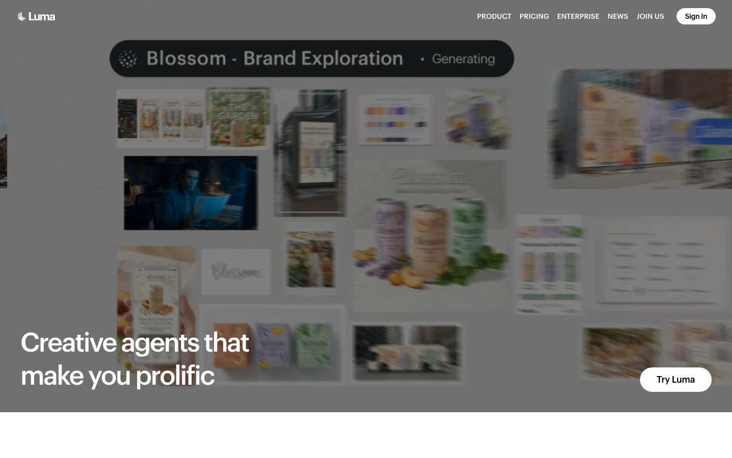 The layout uses a grid of image blocks to showcase different aspects of the brand's explorations. The overall feel is clean and organized, prioritizing visual presentation over extensive text. · brand exploration, design system, visual identity, studio website, ai branding, minimalist design, grid layout, creative agency, brand showcase, lumalabs