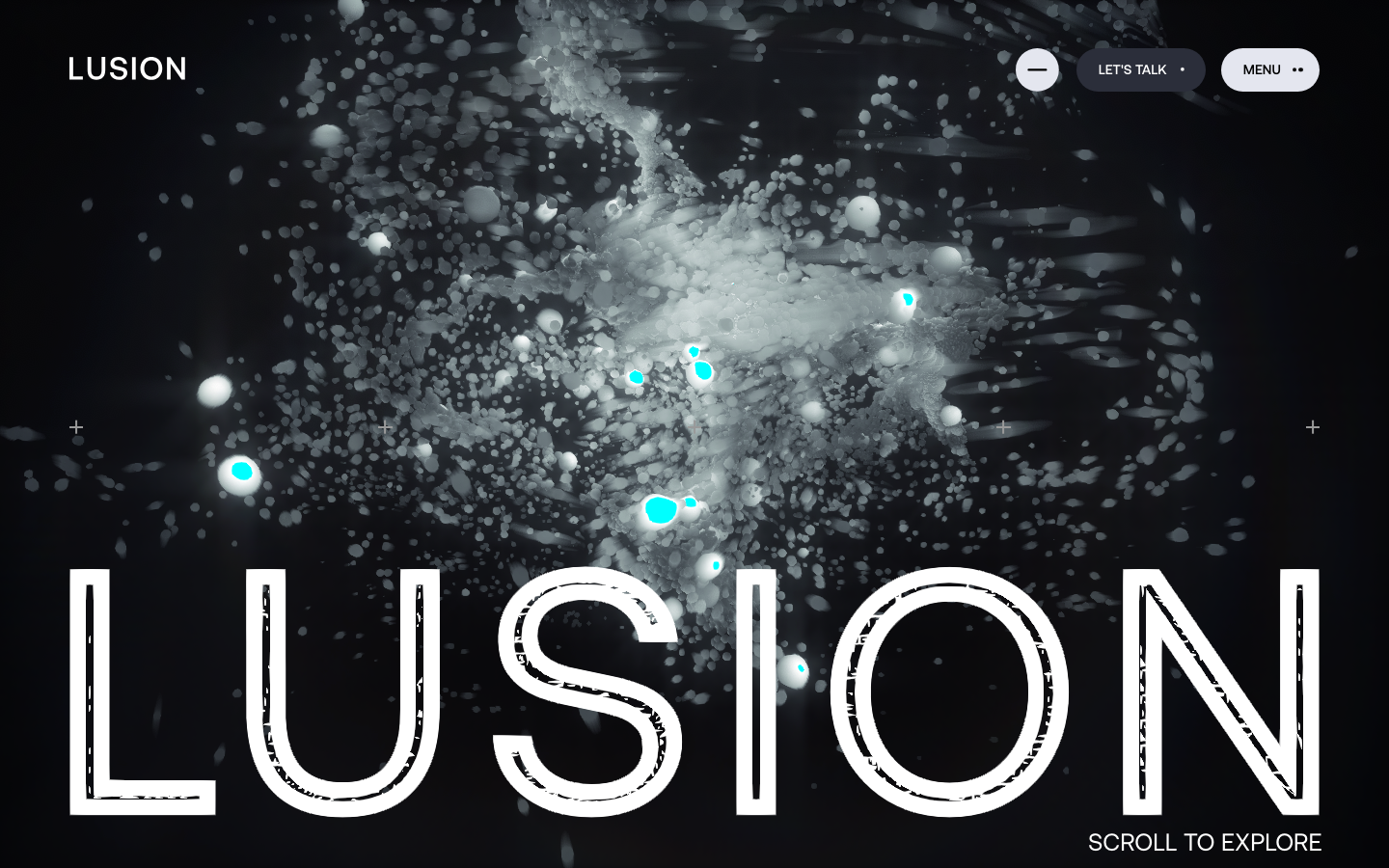 Lusion — About - A stark, dark background showcases a cluster of abstract, geometric shapes in varying shades of blue, white, and black. The composition feels deliberately arranged, emphasizing form and negative space.  ·  abstract shapes, geometric design, dark background, minimalist art, tech aesthetic, modern design, 3d render