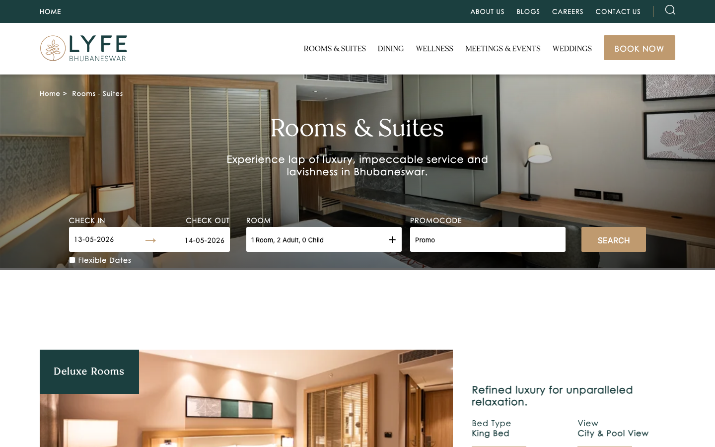 The hero image dominates the top half, showcasing a luxurious outdoor setting. Below, a clear booking form is presented against a dark background, creating a sense of refined simplicity. The overall feel is sophisticated and inviting. · hotel booking, luxury travel, hotel website, indian hotel, urban retreat, nightscape, hotel design