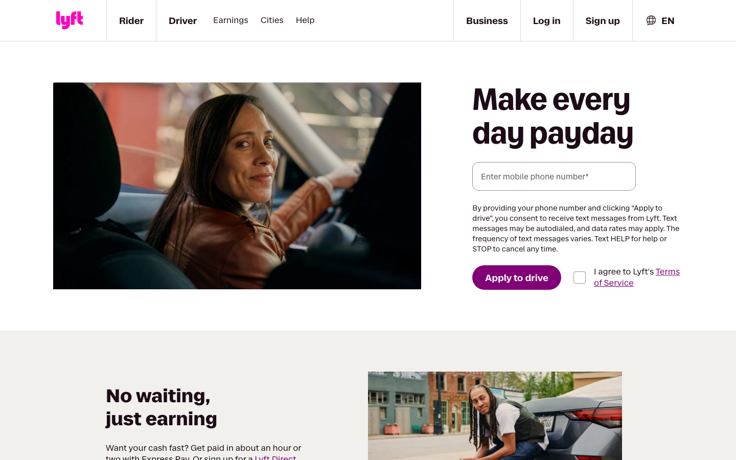 The page uses a full-bleed image to establish a sense of place and aspiration. Clean typography and ample white space create a feeling of openness and trust. The color palette is soft and inviting, reinforcing a sense of ease and possibility. · ride sharing, transportation, urban mobility, car service, travel, community, lyft brand
