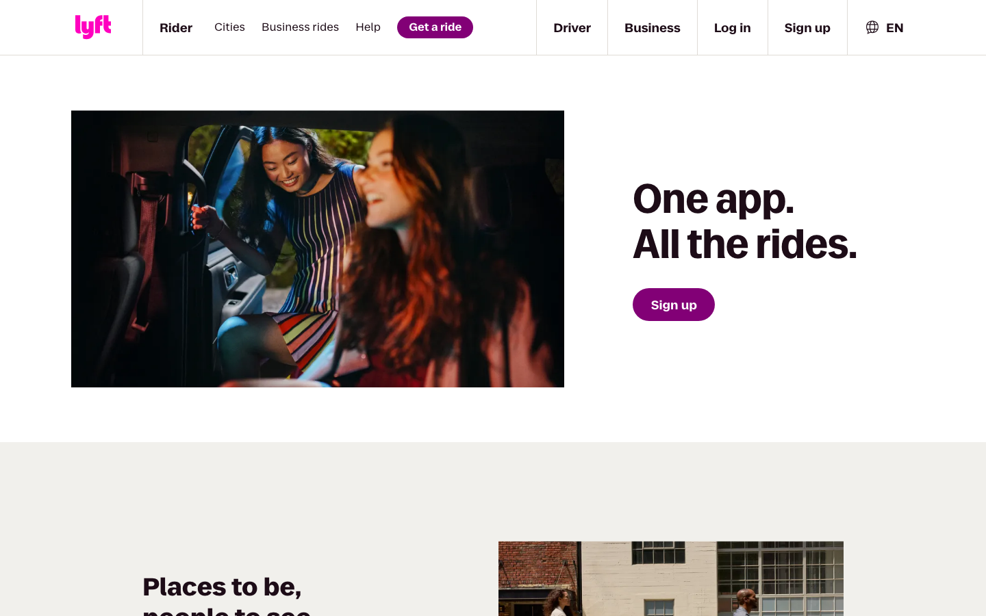 The page uses a full-bleed image to establish a sense of place and aspiration. Clean typography and ample white space create a feeling of openness and trust. The color palette is soft and inviting, reinforcing a sense of ease and possibility. · ride sharing, transportation, urban mobility, car service, travel, community, lyft brand