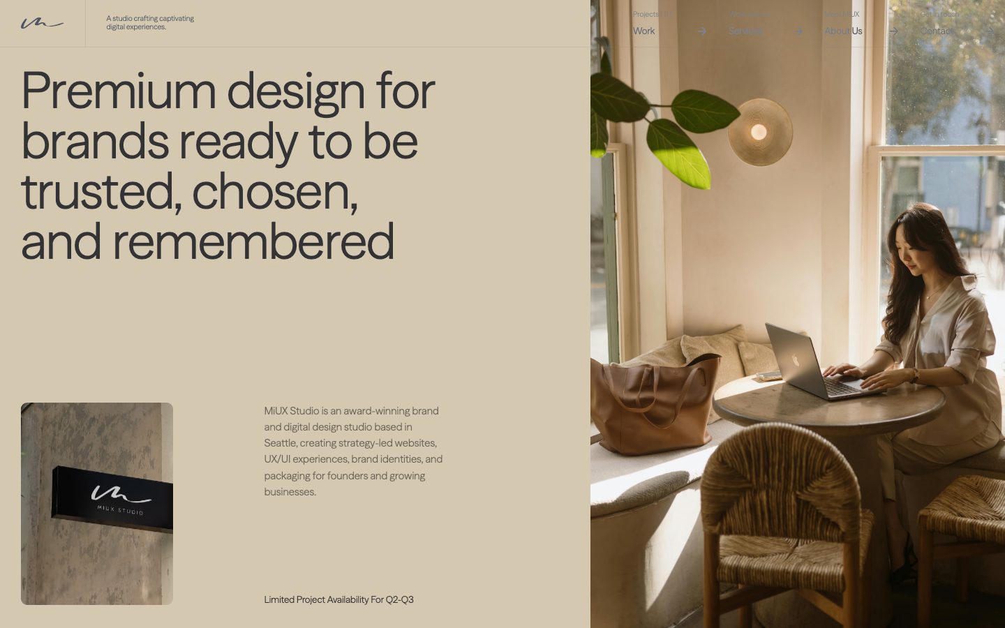 A UX/UI design studio dedicated to elevating brands with user-focused web and app design. MIUX combines beauty & creativity with strategic design thinking to create impactful digital experiences. · minimalism, editorial, swiss, agency, portfolio, hero-fullbleed, logo-cloud, testimonial-quote