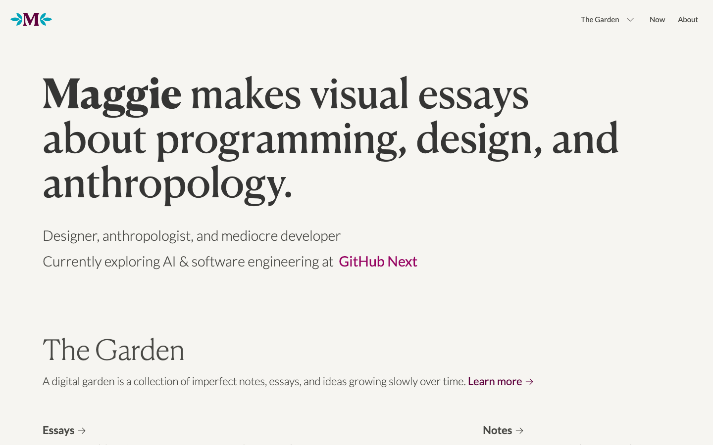 Maggieappleton - The page prioritizes typographic hierarchy and ample white space. The muted color palette and clean layout create a sense of thoughtful curation, emphasizing the written word as the primary form of communication.  ·  designer portfolio, visual essays, typography website, minimalist portfolio, editorial design, creative website, personal website, lettering portfolio, design journal