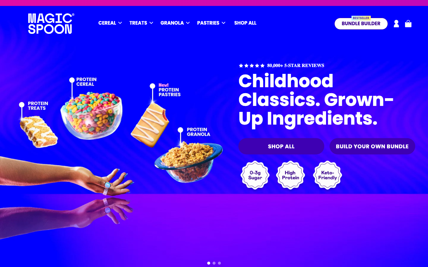 High Protein, Keto-Friendly, 0g Sugar Cereal | Magic Spoon Cereal - Magic Spoon is high-protein, keto-friendly, gluten-free cereal with 0g of sugar. Available in Cocoa, Frosted, Blueberry, Peanut Butter and Cinnamon.  ·  playful, minimalism, ecommerce, health, hero-with-cta, feature-trio, hero-fullbleed, logo-cloud, feature-alternating