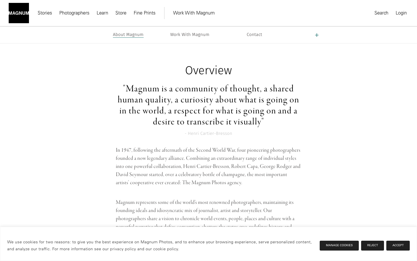 The page prioritizes a single, striking portrait, employing a high-contrast black and white aesthetic. Typography is minimal, allowing the image to dominate. The overall feel is one of quiet authority and timelessness. · black and white portrait, editorial photography, photo agency, minimalist website, portfolio design, monochrome portrait, magnum photos, classic photography