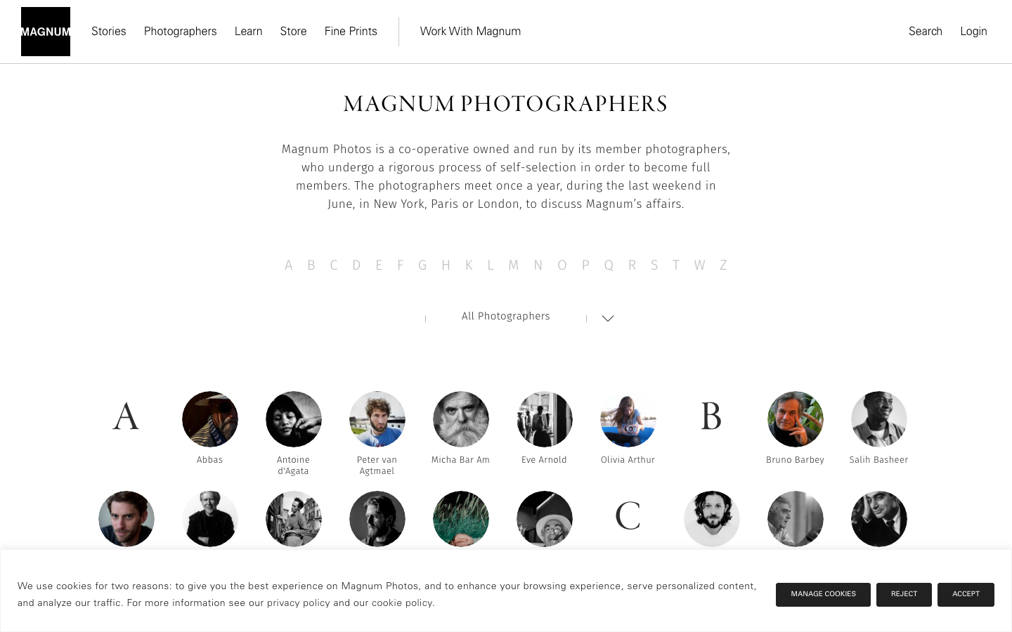 The page prioritizes a single, striking portrait, employing a high-contrast black and white aesthetic. Typography is minimal, allowing the image to dominate. The overall feel is one of quiet authority and timelessness. · black and white portrait, editorial photography, photo agency, minimalist website, portfolio design, monochrome portrait, magnum photos, classic photography