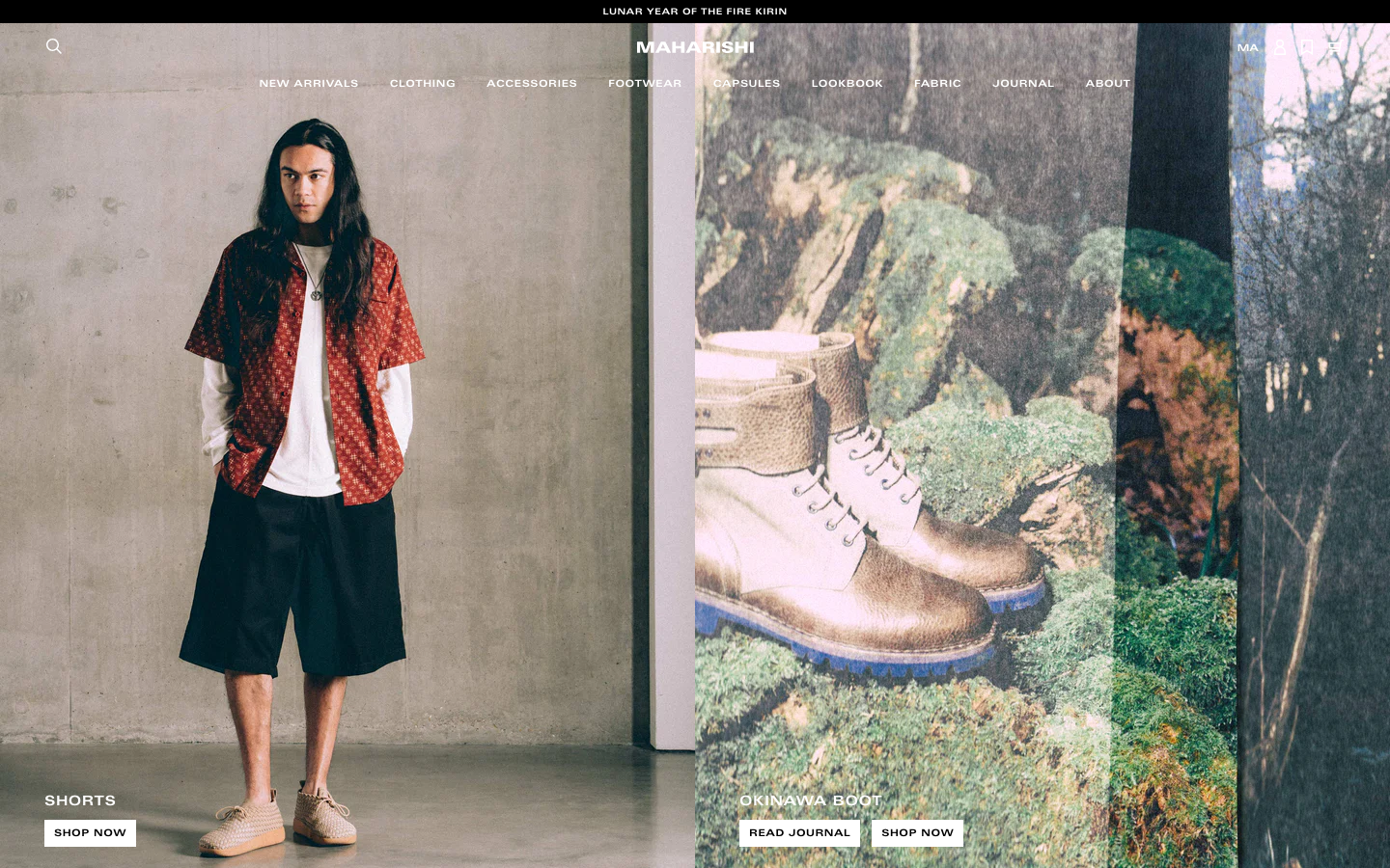 The page presents a striking visual contrast with a full-bleed image on one side and a clean, minimalist layout on the other. The muted color palette and high-contrast imagery evoke a sense of understated luxury and timeless style. · fashion editorial, minimalist ecommerce, split screen layout, vintage style, shoe photography, clothing brand, maharishi store