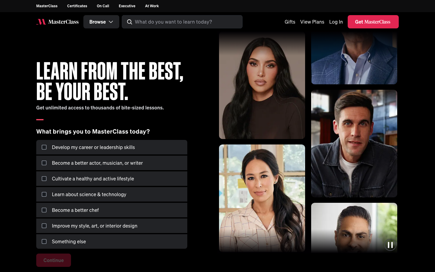 The layout prioritizes visual impact with a series of portrait images of prominent figures, balanced by concise text blocks. The overall feel is sophisticated and curated, emphasizing individual expertise. · online learning, expert instruction, creative courses, skill development, masterclass instructors, educational platform, online education, learn from experts, creative skills, professional development