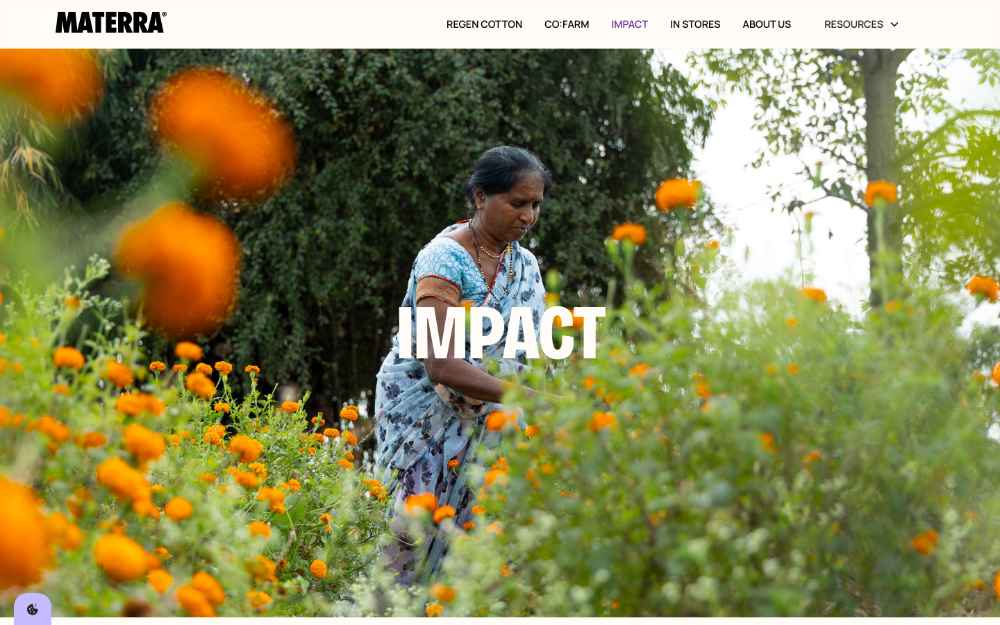 A high-impact full-bleed image hero with bold, centered white sans-serif typography. The layout prioritizes organic imagery and a clean, airy navigation bar to create an editorial feel. · fashion impact page, fullbleed image hero, editorial sustainability web, earthy color palette, minimalist nav bar