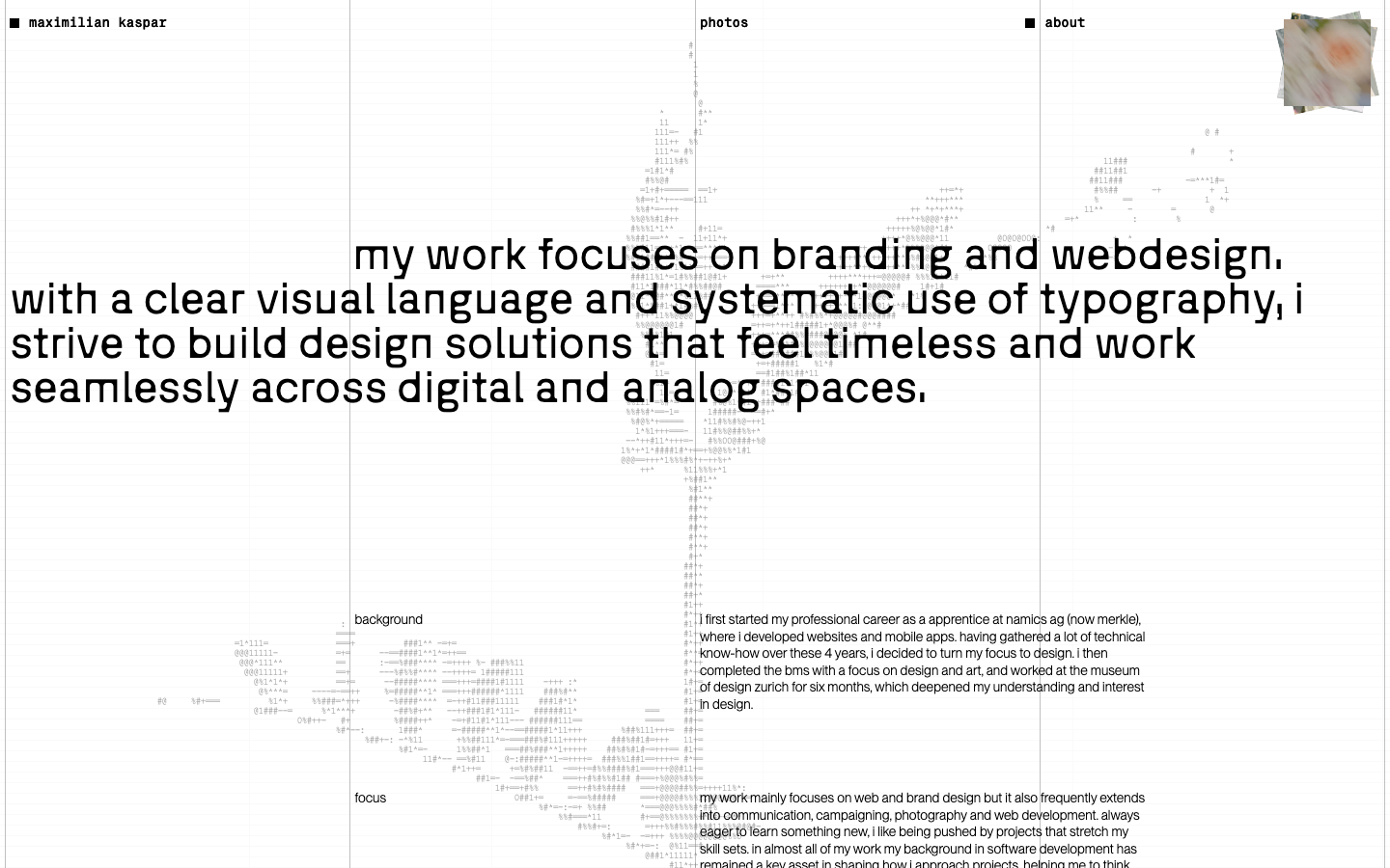 A high-contrast, typographic layout utilizing a strict grid and asymmetric column spans. The use of ASCII-style decorative elements and a stark white background creates a technical, archival mood. · swiss design portfolio, brutalist typography, minimalist about page, technical grid layout, monochrome editorial