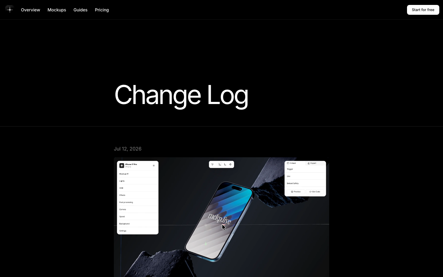 High-contrast dark mode interface featuring a massive sans-serif header and a centered, high-fidelity product render. The layout uses extreme negative space to focus attention on the software's UI capabilities. · dark saas changelog, minimalist product update, high contrast dark mode, developer tool landing page, technical product showcase