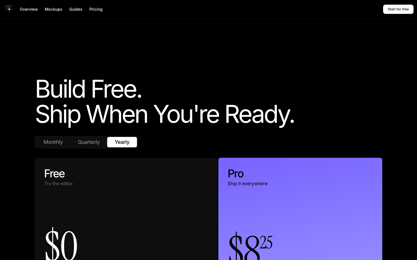 High-contrast dark mode interface featuring oversized sans-serif typography and a stark purple accent for the premium pricing tier.  ·  dark mode pricing, minimalist saas hero, high contrast typography, developer tool pricing, modern dark ui