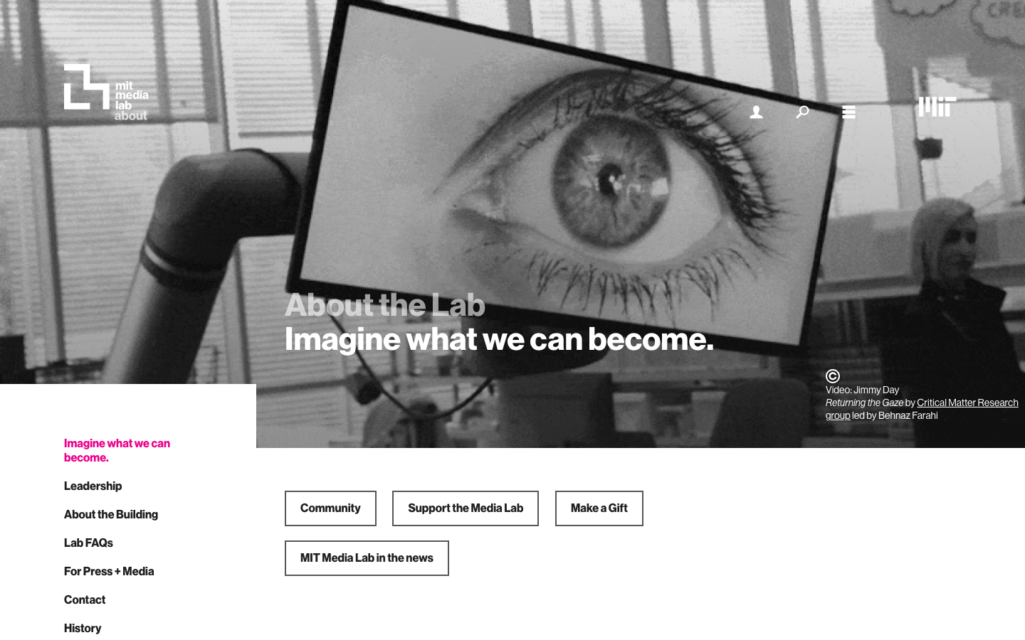 The page prioritizes a striking visual—a close-up of an eye—paired with a concise, thought-provoking headline. The layout is clean and spacious, emphasizing typography and imagery over extensive text. It feels like a carefully curated presentation of ideas. · media lab hero, design studio website, minimalist portfolio, typography driven design, research institution, black and white photography, academic website