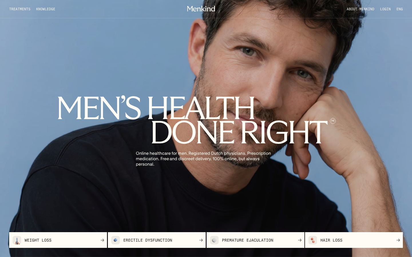 High-impact full-bleed photography paired with a sophisticated serif headline. The layout uses a clean, centered typographic hierarchy and a minimal white navigation bar at the bottom for category entry. · health care hero, editorial serif headline, full bleed portrait, minimalist medical landing, clean healthcare ui