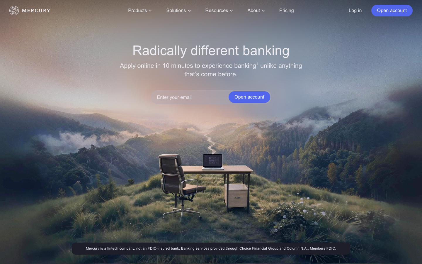 Mercury - The page uses a striking split composition, with a serene landscape on one side and a minimalist workspace on the other. The muted color palette and soft lighting create a sense of calm and focus, emphasizing the brand's approachable yet sophisticated identity.  ·  fintech landing page, minimalist split screen, calm banking design, modern financial website, landscape hero, tech banking, soft split studio, muted color palette