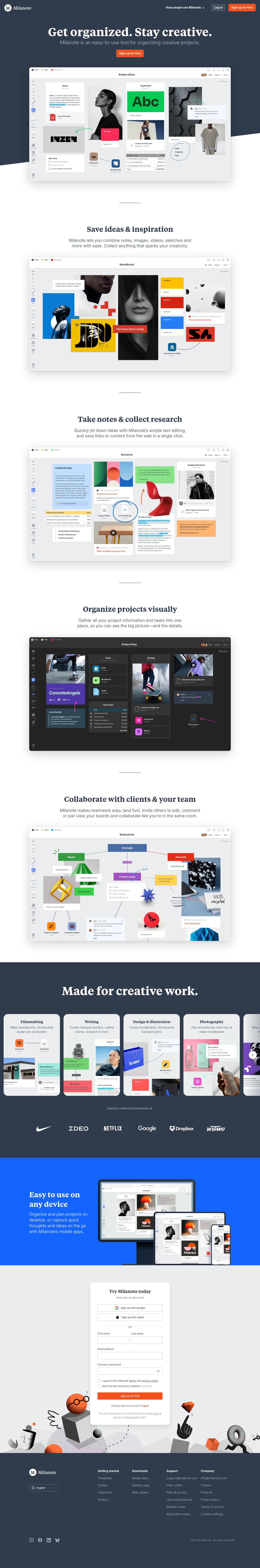 Milanote - the tool for organizing creative projects - full page scroll