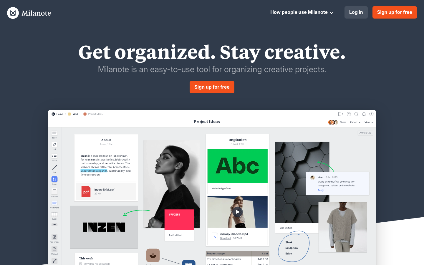 Milanote - the tool for organizing creative projects - Milanote is an easy-to-use tool to organize your ideas and projects into visual boards. Add notes, images, links and files, organize them visually and share them with your team.  ·  minimalism, dark-mode, saas, developer-tools, agency, creator, hero-with-cta, logo-cloud, bento-grid, feature-trio