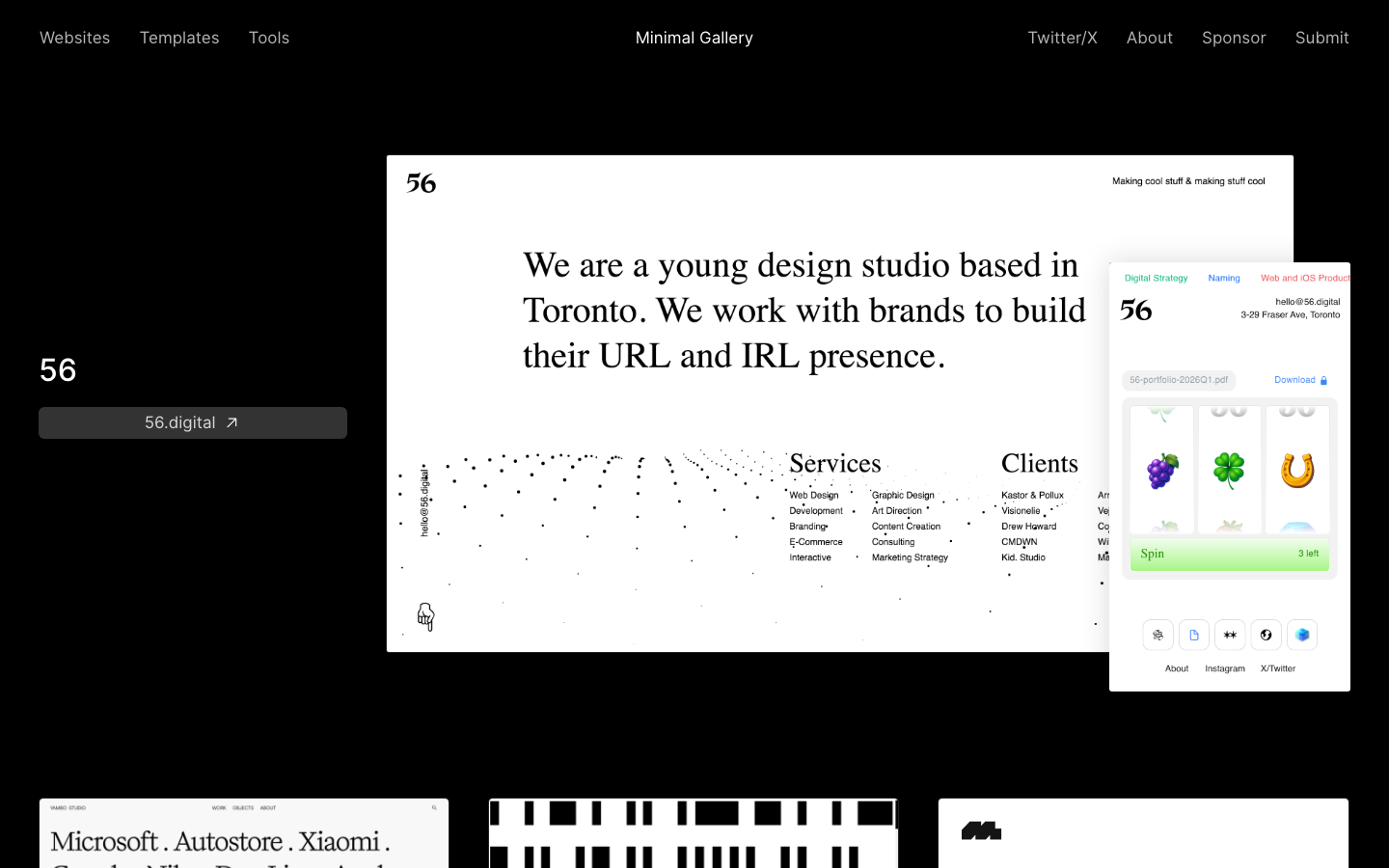 The layout prioritizes a clean, grid-based structure with ample white space. Typography is crisp and functional, emphasizing clarity and hierarchy. The overall mood is sophisticated and understated. · minimal gallery, portfolio website, design agency, grid layout, swiss style, clean design, editorial portfolio, website showcase