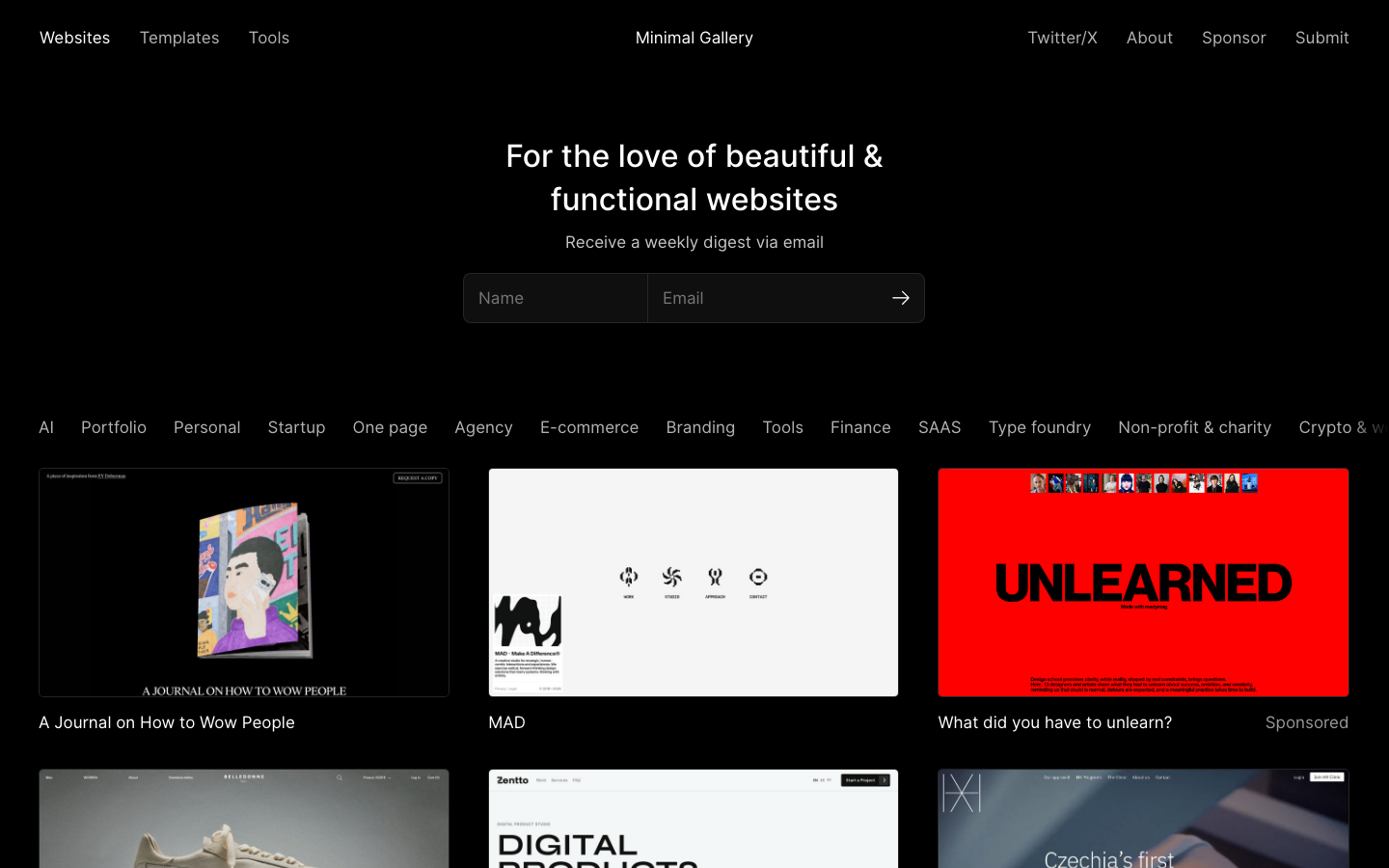 Minimal Gallery - The layout prioritizes a clean, grid-based structure with ample white space. Typography is crisp and functional, emphasizing clarity and hierarchy. The overall mood is sophisticated and understated.  ·  minimal gallery, portfolio website, design agency, grid layout, swiss style, clean design, editorial portfolio, website showcase