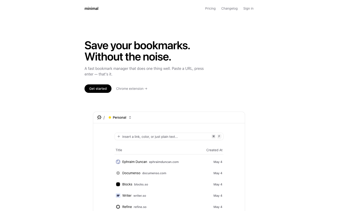 The page prioritizes clarity and functionality with a clean, grid-based layout. Typography is straightforward and legible, emphasizing content over ornamentation. The overall feel is efficient and precise. · minimal bookmark manager, clean saas design, technical website, monochrome ui, grid layout, developer tools, bookmark app, simple interface, dark theme, productivity website