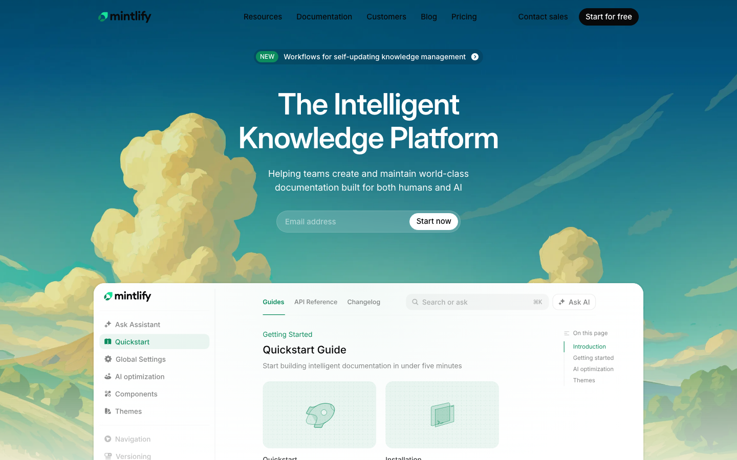Mintlify - The Intelligent Knowledge Platform - Meet the next generation of documentation. AI-native, beautiful out-of-the-box, and built for developers.  ·  minimalism, swiss, monochrome, saas, developer-tools, ai, hero-with-cta, sticky-nav, logo-cloud, feature-trio