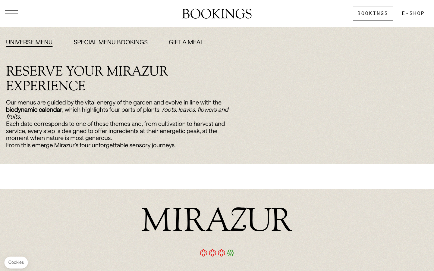 The page uses a split-screen layout, with a large, evocative image on the left and text elements on the right. The typography is elegant and refined, contributing to a sense of understated luxury. The overall density is low, allowing the visual elements to breathe. · luxury restaurant, french cuisine, coastal dining, fine dining, mirazur, hospitality design, elegant website, split screen, minimalist design