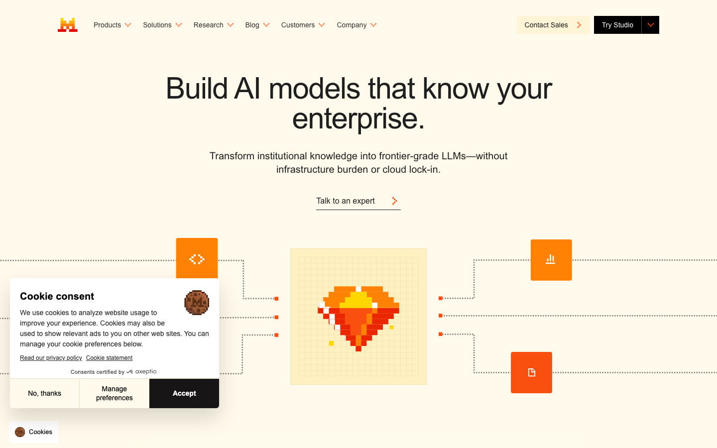 The page uses a full-screen image with bold, centered text, establishing a strong visual hierarchy. The color palette is limited to oranges and dark tones, creating a sense of depth and technological focus. The overall impression is clean and direct. · ai landing page, artificial intelligence website, tech portfolio, dark ai, minimalist ai, futuristic ai, ai company, machine learning, frontier ai