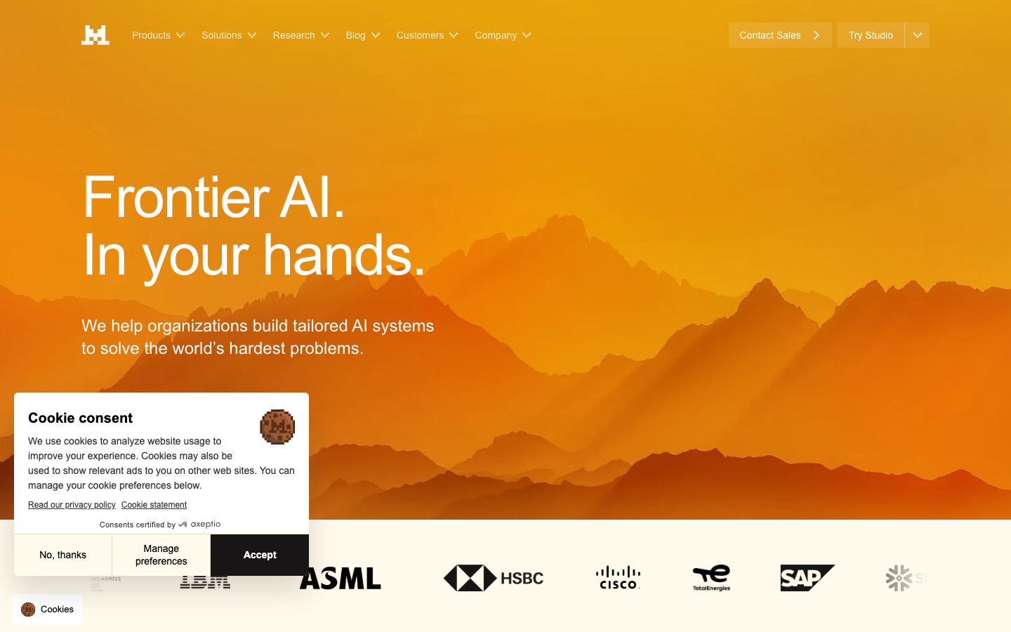 The page uses a full-screen image with bold, centered text, establishing a strong visual hierarchy. The color palette is limited to oranges and dark tones, creating a sense of depth and technological focus. The overall impression is clean and direct. · ai landing page, artificial intelligence website, tech portfolio, dark ai, minimalist ai, futuristic ai, ai company, machine learning, frontier ai