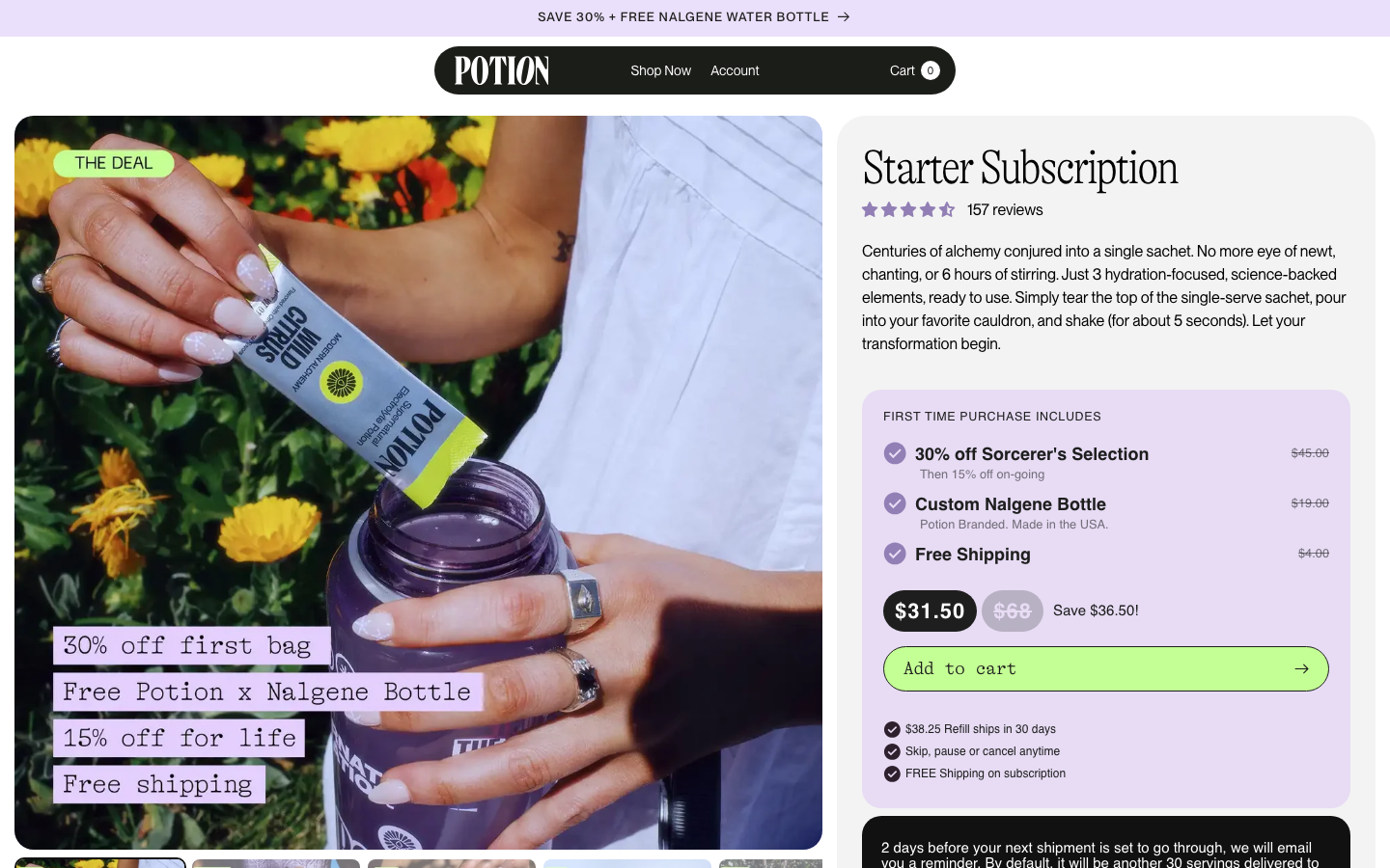 A clean product page utilizing a split layout with a high-saturation lifestyle image on the left and a structured, serif-heavy checkout pane on the right. · ecommerce product page, split screen layout, serif typography, wellness brand design, subscription checkout ui