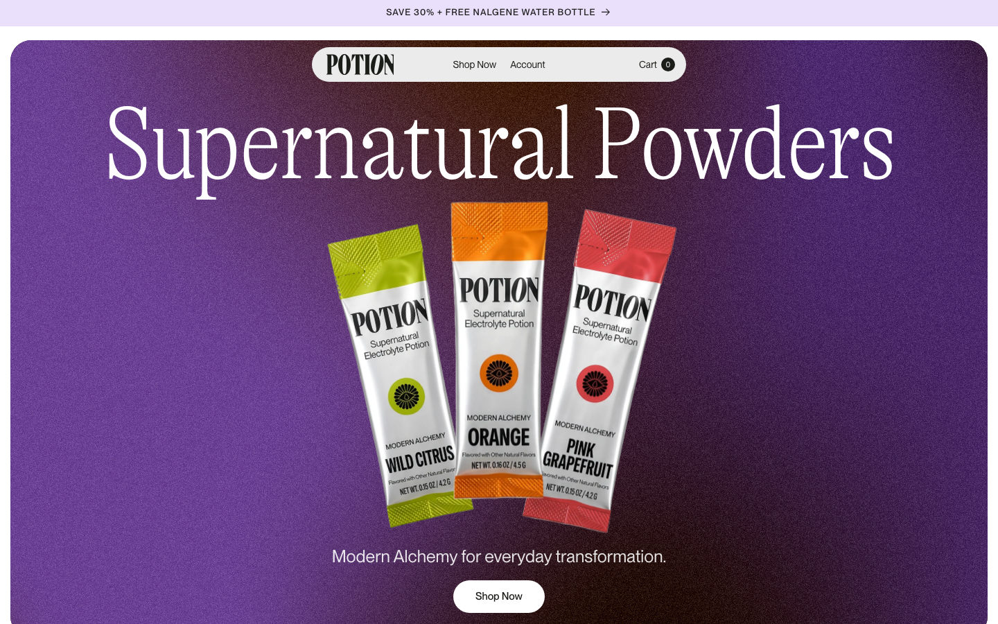 High-energy composition featuring a grainy purple gradient background and a bold, high-contrast serif headline. The product photography is centered and vibrant, creating a modern alchemy aesthetic. · vibrant ecommerce hero, grainy gradient background, bold serif typography, supplement landing page, saturated purple design