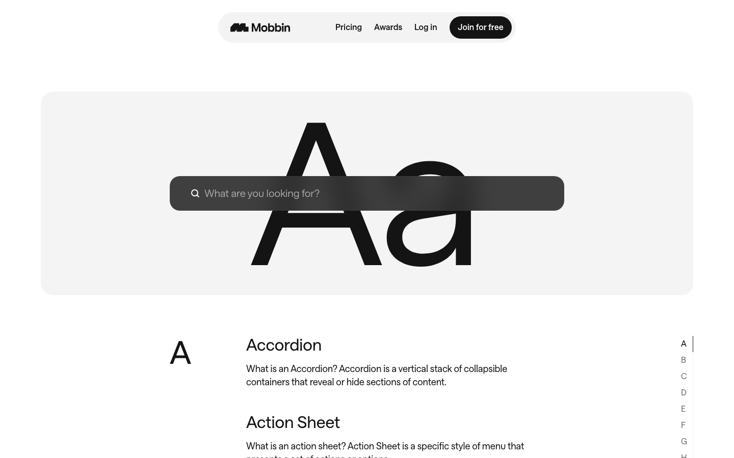 The page prioritizes a clean, typographic presentation. Large, bold typography dominates the hero section, establishing a strong visual hierarchy. The overall feel is precise and functional, emphasizing clarity and information delivery. · design inspiration, design resource, design tools, design platform, design community, mobbin, inspiration site