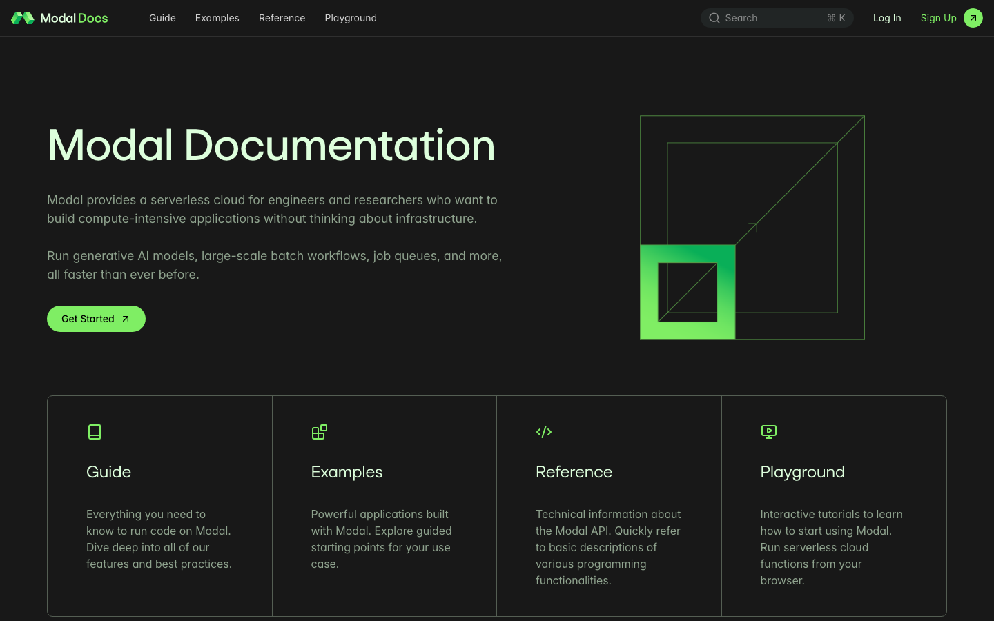The design prioritizes a bold, central visual—a glowing cube—against a stark black background. Typography is clean and modern, emphasizing clarity and technical precision. The overall feel is sophisticated and focused on functionality. · ai infrastructure, developer tools, saas landing page, dark ai, minimalist ai, technical design, modern ai, modal ai, developer experience