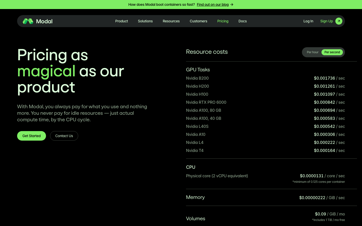 The design prioritizes a bold, central visual—a glowing cube—against a stark black background. Typography is clean and modern, emphasizing clarity and technical precision. The overall feel is sophisticated and focused on functionality. · ai infrastructure, developer tools, saas landing page, dark ai, minimalist ai, technical design, modern ai, modal ai, developer experience