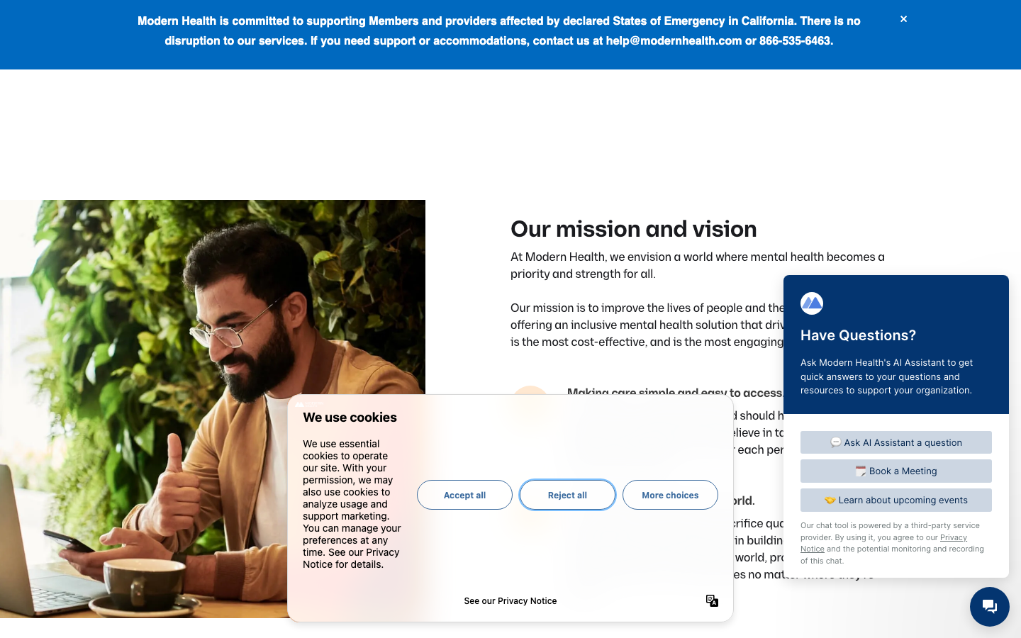 The page uses a split layout with a large, calming hero image on one side and text content on the other. The typography is clean and modern, with ample whitespace contributing to a sense of clarity and professionalism. · health tech, mental wellness, modern health, split screen, minimalist design, calm aesthetic, professional website
