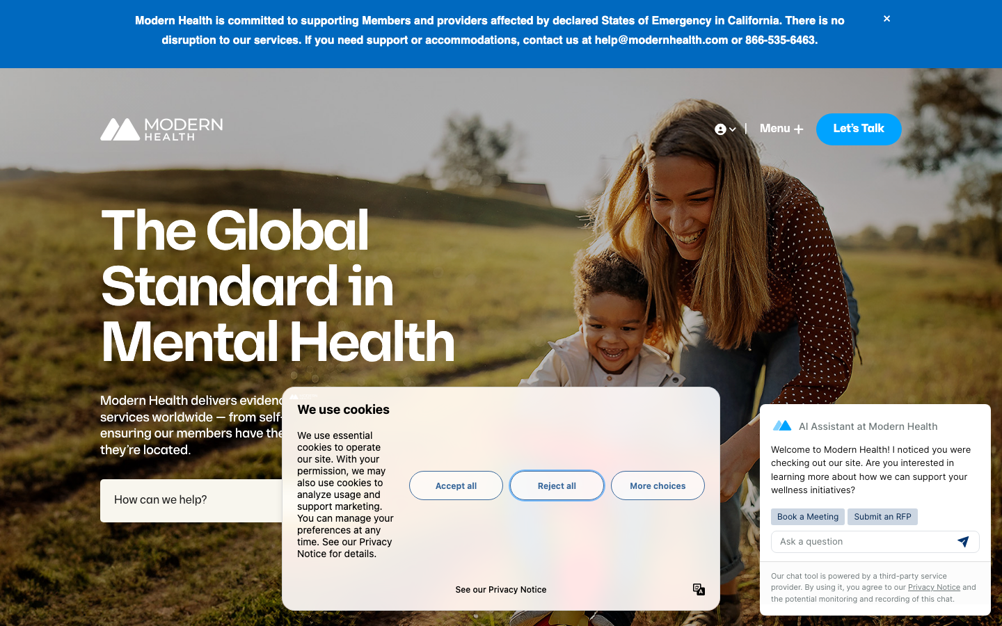 Modernhealth - The page uses a split layout with a large, calming hero image on one side and text content on the other. The typography is clean and modern, with ample whitespace contributing to a sense of clarity and professionalism.  ·  health tech, mental wellness, modern health, split screen, minimalist design, calm aesthetic, professional website