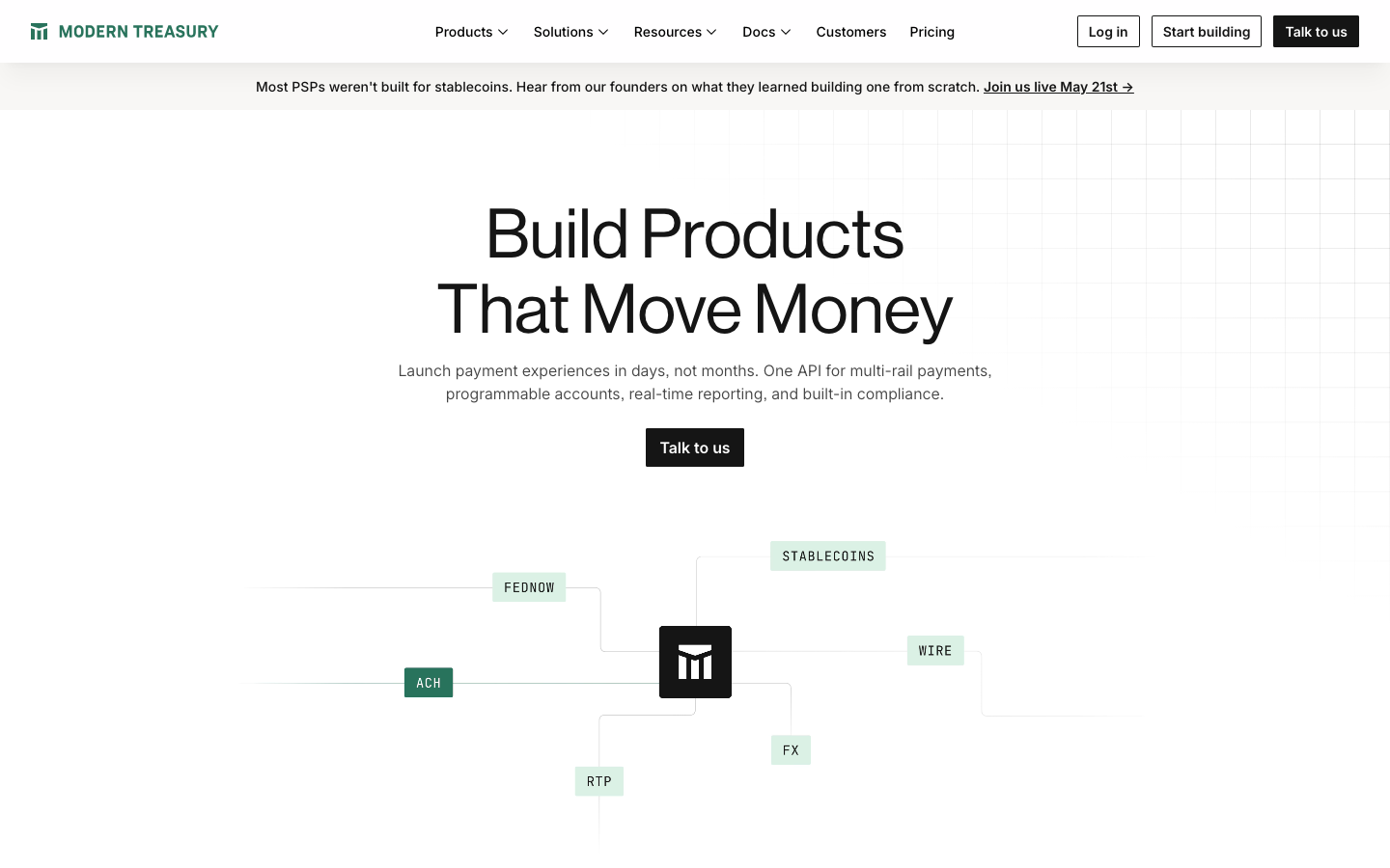 Moderntreasury - The page uses a clean, grid-based layout to visually represent the interconnectedness of different payment solutions. Typography is straightforward and functional, prioritizing clarity over ornamentation. The overall mood is precise and informative.  ·  payment solutions diagram, fintech ecosystem, payment gateway network, financial technology map, payment infrastructure, modern treasury, payment integrations