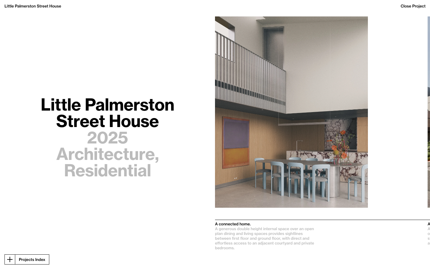 A stark, asymmetric layout utilizing heavy sans-serif typography and generous white space. The composition balances a bold text block against a high-resolution architectural render. · architecture portfolio, minimalist layout, editorial architecture, swiss typography, asymmetric grid, luxury residential web design