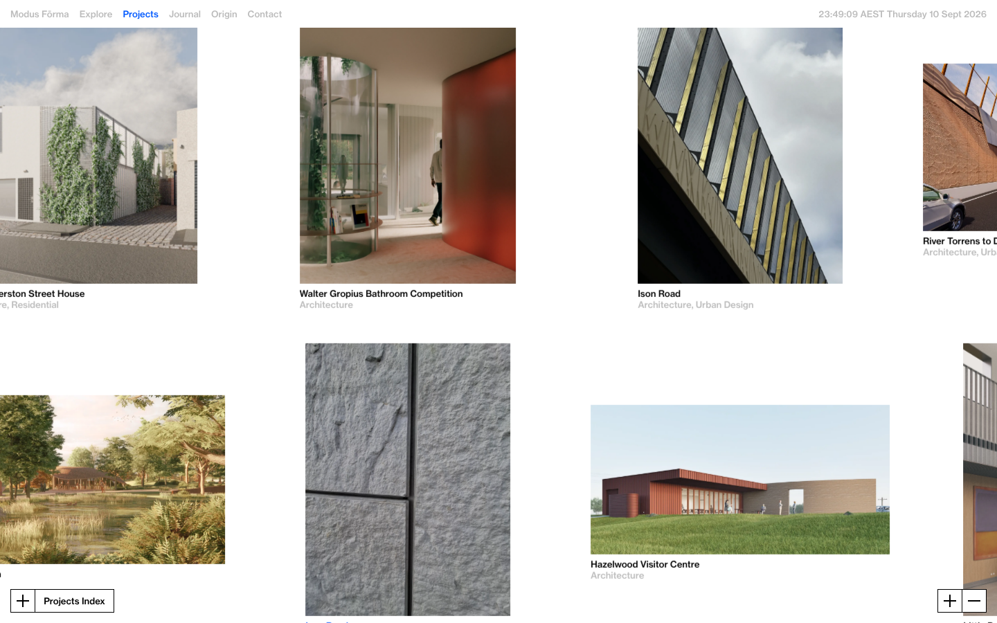 A high-breathability grid with an asymmetric, editorial layout. The design relies on generous white space and a strict typographic hierarchy to let the architectural renders lead. · architecture portfolio, minimalist grid, editorial layout, white space design, studio project index
