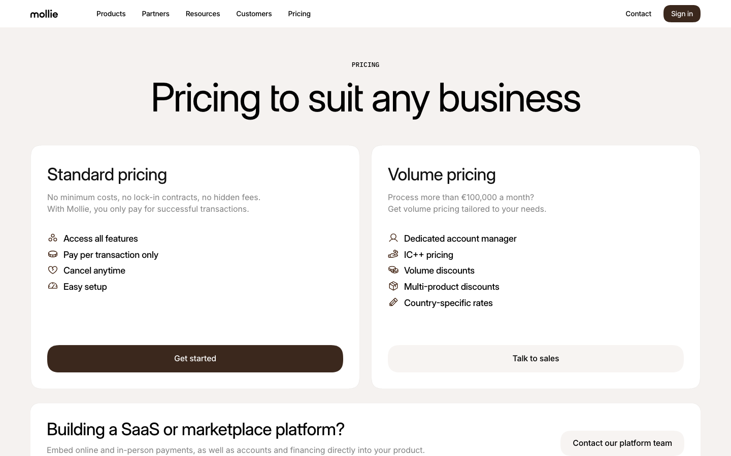 Clean, high-contrast layout utilizing a soft off-white background and bold, dark sans-serif typography. The pricing is presented in two distinct, rounded cards with a clear visual hierarchy between the primary and secondary CTAs. · fintech pricing page, minimalist pricing cards, clean saas pricing, high contrast typography, swiss style fintech