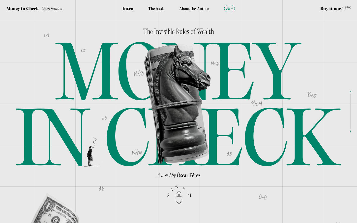 A high-contrast editorial layout featuring oversized teal serif typography layered with a 3D chess piece. The background uses a subtle grid system with handwritten annotations for a scholarly, analytical mood. · editorial book landing page, serif typography hero, grid background design, intellectual aesthetic, minimalist book promo